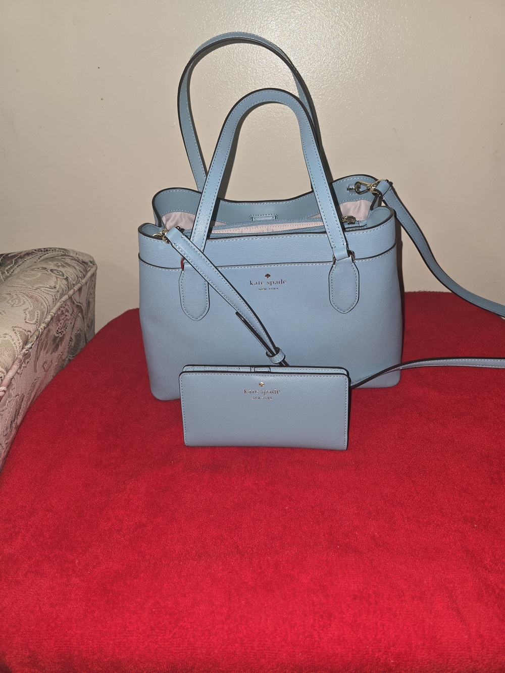 kate spade light blue leather satchel with Matching Wallet